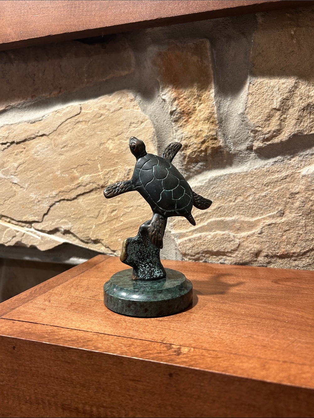Bronze Turtle Figurine on Green Marble Base - Decorative Accent